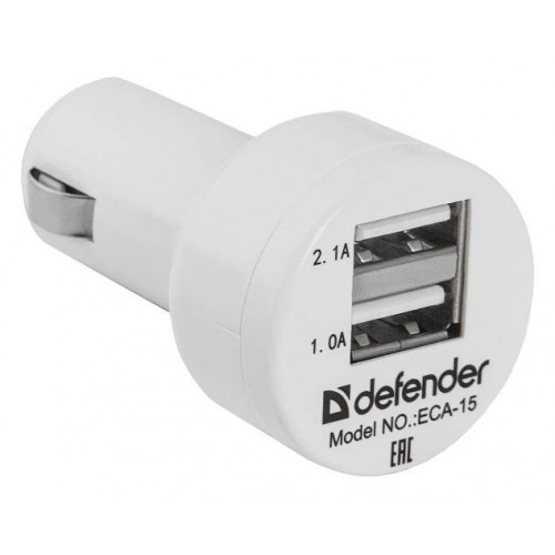 Автомобильный адаптер Defender ECA-15, 2 порта USB, 5V/2,1A + 1A, белый.