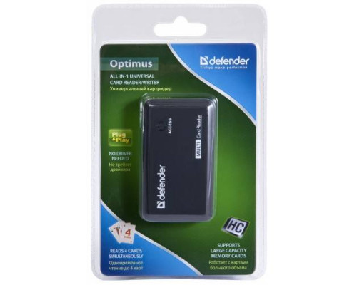 Кардридер Defender  OPTIMUS, до 4 типов карт одновременно + кабель USB 2.0 A(M) - MiniB (M) длина 1 м.