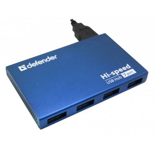 Разветвитель Defender  SEPTIMA SLIM USB2.0 - 7 портов, + блок питания DC 5В...2А, + кабель USB 2.0 A(M) - MiniB (M) - 1м