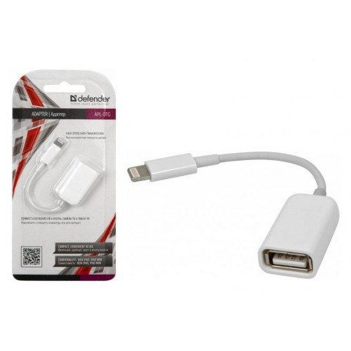 Переходник Defender Lightning(M) - USB (F) /подкл. внешн. диски, USB Flash, мыши, клавиатуры, с режимом OTG.