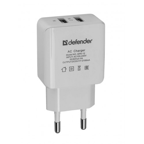 Сетевой адаптер Defender EPA-12 2 порта USB, 5V/2А, пакет.