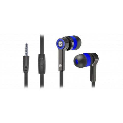 Гарнитура для смартфонов Defender Pulse 420 / кнопка ответа на кабеле / плоский кабель / черный + синий / 1,2м.