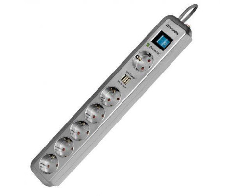 Сетевой фильтр Defender DFS 501 / 525 Дж / 2 х USB порта 1A, 5В/ 6 розеток с заземл. / серый / 2 м.