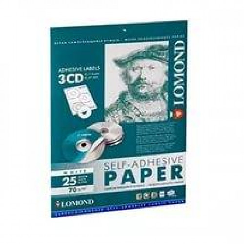 Самоклеящаяся бумага LOMOND универсальная для этикеток, A4, 3 шт для CD/DVD (D114 / D41мм), 70 г/м2, 25 листов