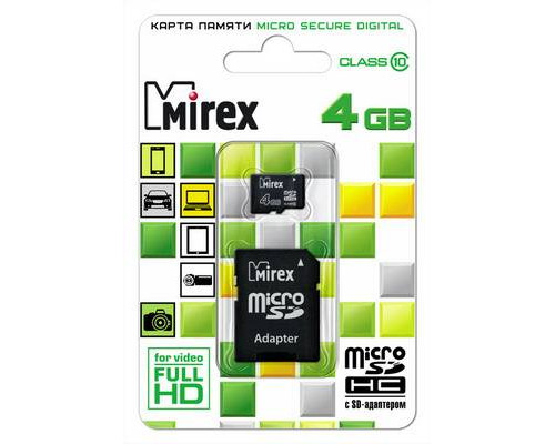 Флеш карта microSD 4GB Mirex microSDHC Class 10 (SD адаптер)
