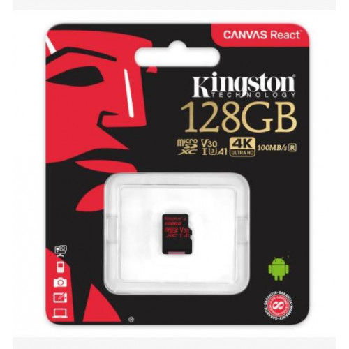Флеш карта microSD 128GB Kingston microSDXC Class UHS-I U3 V30 Canvas React 80MB/s