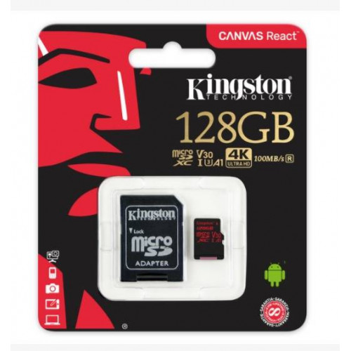 Флеш карта microSD 128GB Kingston microSDXC Class UHS-I U3 V30 Canvas React (SD адаптер) 80MB/s
