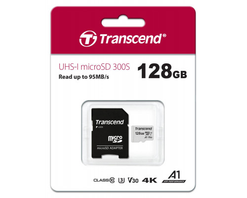 Флеш карта microSD 128GB Transcend microSDXC Class 10 UHS-I U3, V30, A1, (SD адаптер), TLC