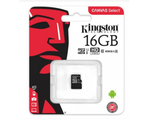 Флеш карта microSD 16GB Kingston microSDHC Class 10 UHS-I U1 Canvas Select 80MB/s