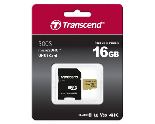 Флеш карта microSD 16GB Transcend microSDHC Class 10 UHS-I U-3, V30, (SD адаптер), MLC