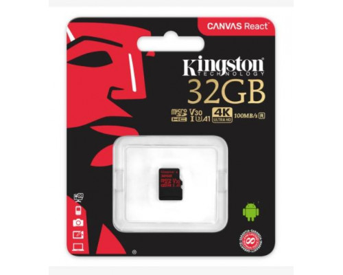 Флеш карта microSD 32GB Kingston microSDHC Class UHS-I U3 V30 Canvas React 70MB/s