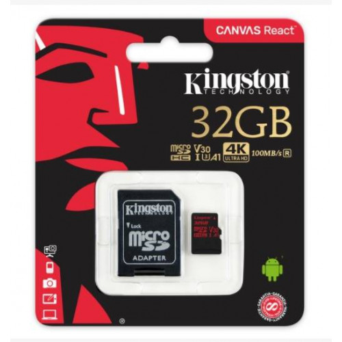 Флеш карта microSD 32GB Kingston microSDHC Class UHS-I U3 V30 Canvas React (SD адаптер) 70MB/s