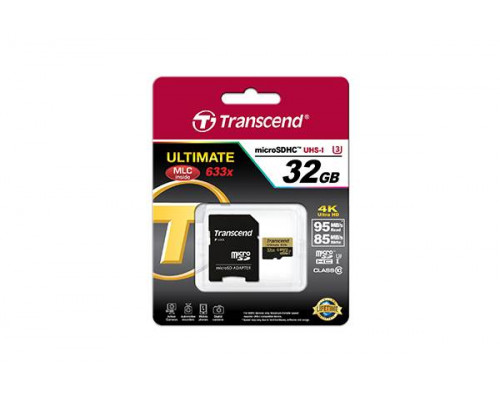 Флеш карта microSD 32GB Transcend microSDHC Class 10 UHS-I,U3 (SD адаптер) 90MBs/85MBs