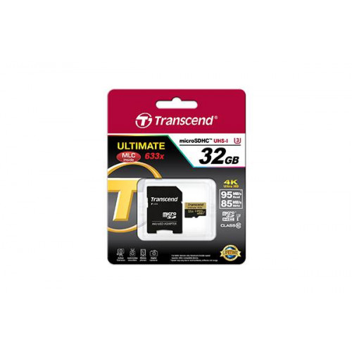 Флеш карта microSD 32GB Transcend microSDHC Class 10 UHS-I,U3 (SD адаптер) 90MBs/85MBs