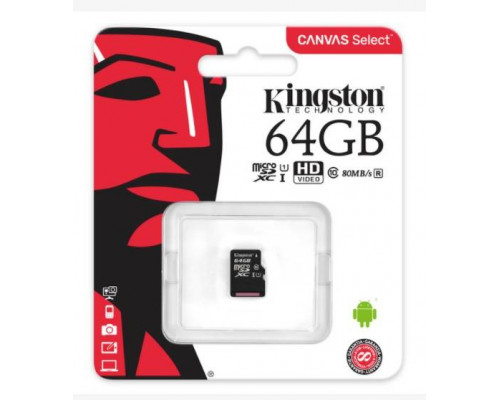 Флеш карта microSD 64GB Kingston microSDXC Class 10 UHS-I U1 Canvas Select 80MB/s