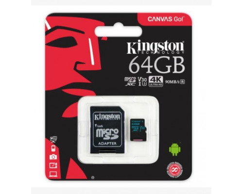 Флеш карта microSD 64GB Kingston microSDXC Class UHS-I U3 V30 Canvas Go (SD адаптер) 45MB/s
