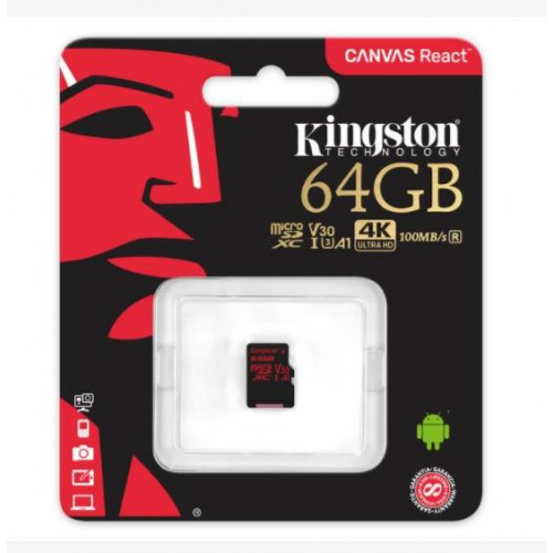 Флеш карта microSD 64GB Kingston microSDXC Class UHS-I U3 V30 Canvas React 80MB/s