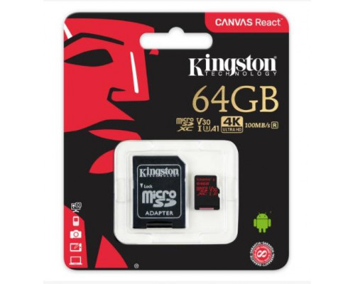 Флеш карта microSD 64GB Kingston microSDXC Class UHS-I U3 V30 Canvas React (SD адаптер) 80MB/s