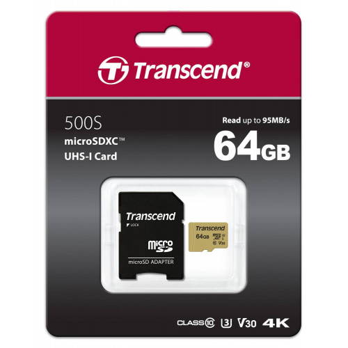 Флеш карта microSD 64GB Transcend microSDХC Class 10 UHS-1 U-3, V30, (SD адаптер), MLC