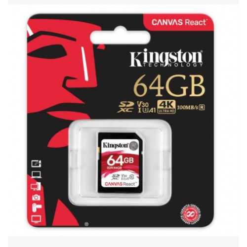 Флеш карта SD 64GB Kingston SDXC Class 10 UHS-I U3 V30 Canvas React 80Mb/s