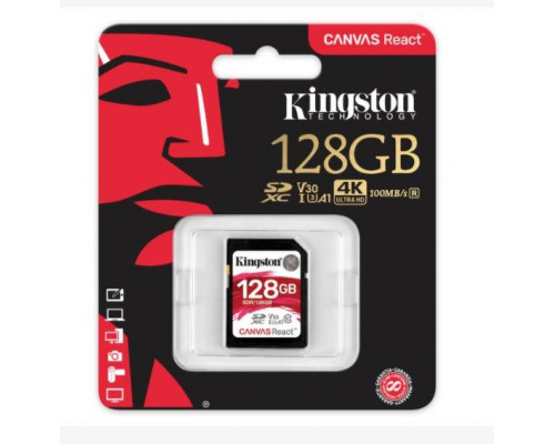 Флеш карта SD 128GB Kingston SDXC Class 10 UHS-I U3 V30 Canvas React 80Mb/s