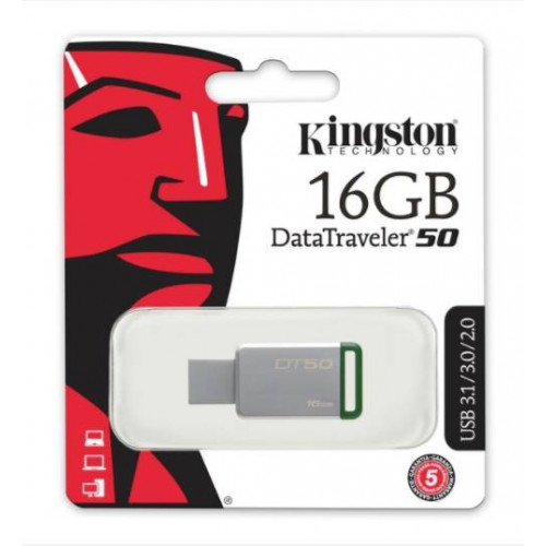 Флеш накопитель 16GB Kingston DataTraveler 50, USB 3.0, Металл/Зелёный
