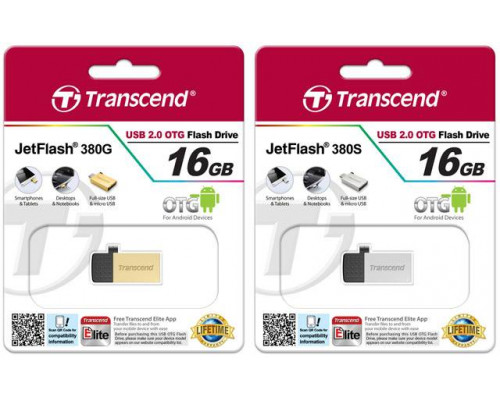 Флеш накопитель 16GB Transcend JetFlash 380, USB 2.0, OTG, металл золото