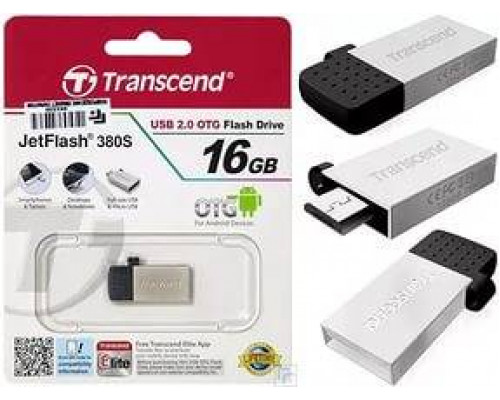 Флеш накопитель 16GB Transcend JetFlash 380, USB 2.0,OTG,металл серебро