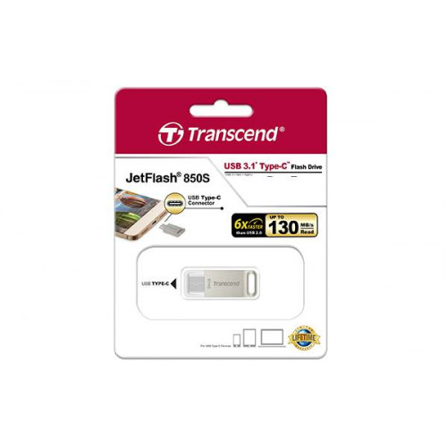 Флеш накопитель 16GB Transcend JetFlash 850, USB Type-C (3.1), OTG, серебряный