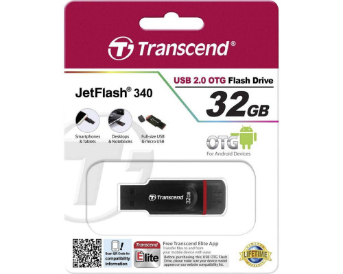 Флеш накопитель 32GB Transcend JetFlash 340, USB 2.0 OTG Черный, Красный