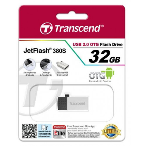 Флеш накопитель 32GB Transcend JetFlash 380, USB 2.0, OTG серебро золото