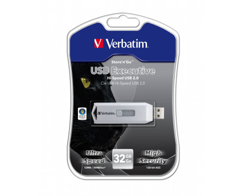 Флеш накопитель 32GB Verbatim Executive, USB 2.0, 256-bit шифрование, Серый (Read speed 200X)