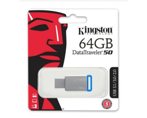 Флеш накопитель 64GB Kingston DataTraveler 50, USB 3.0, Металл/Синий