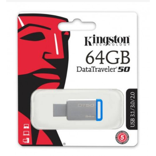 Флеш накопитель 64GB Kingston DataTraveler 50, USB 3.0, Металл/Синий