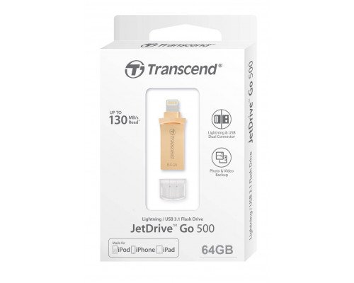 Флеш накопитель 64GB Transcend JetDrive Go 500G, USB 3.1/Lightning, золотой