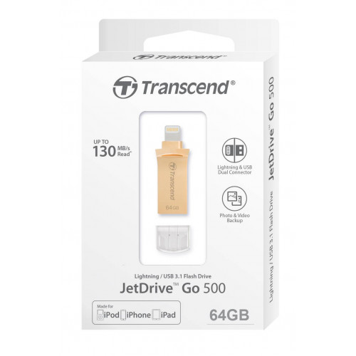 Флеш накопитель 64GB Transcend JetDrive Go 500G, USB 3.1/Lightning, золотой