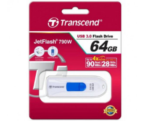 Флеш накопитель 64GB Transcend JetFlash 790, USB 3.0, Белый/Синий