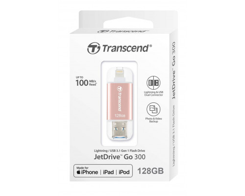 Флеш накопитель 128GB Transcend JetDrive Go 300R, USB 3.1/Lightning, розовое золото