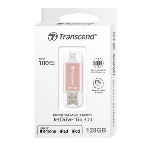 Флеш накопитель 128GB Transcend JetDrive Go 300R, USB 3.1/Lightning, розовое золото