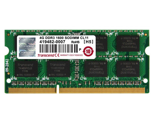 Модуль памяти Transcend 4GB SO-DIMM DDR3, 1600МГц, 2Rx8, 1.5V