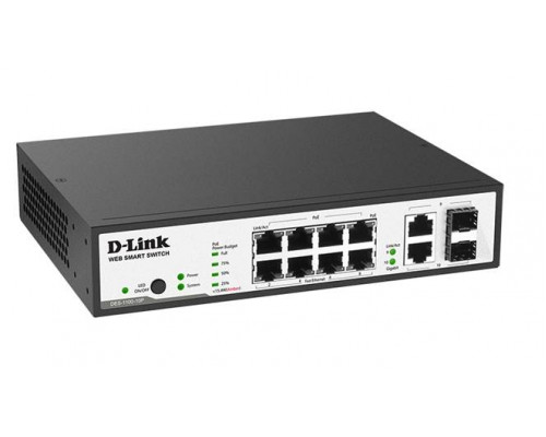 D-Link DES-1100-10P Настраиваемый коммутатор 2 уровня с 8 портами 10/100Base-TX с поддержкой PoE и 2 комбо-портами 100/1000Base-T/SFP