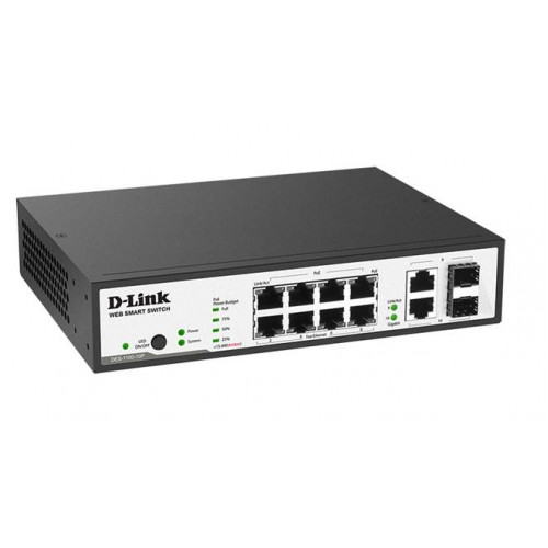 D-Link DES-1100-10P Настраиваемый коммутатор 2 уровня с 8 портами 10/100Base-TX с поддержкой PoE и 2 комбо-портами 100/1000Base-T/SFP