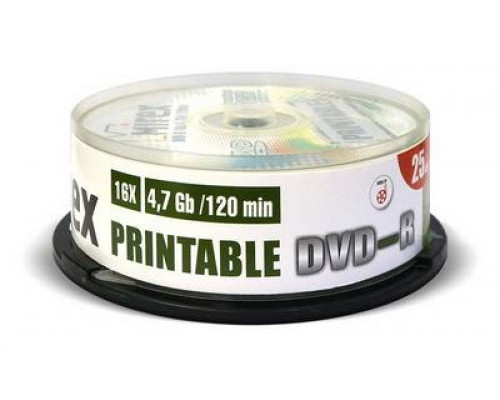 Диск DVD-R Mirex 4.7 Gb, 16x, Cake Box (25), Ink Printable (25/300)