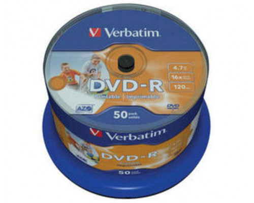 Диск DVD-R Verbatim 4.7 Gb, 16x, Cake Box (50), Printable (ID) (50/200).