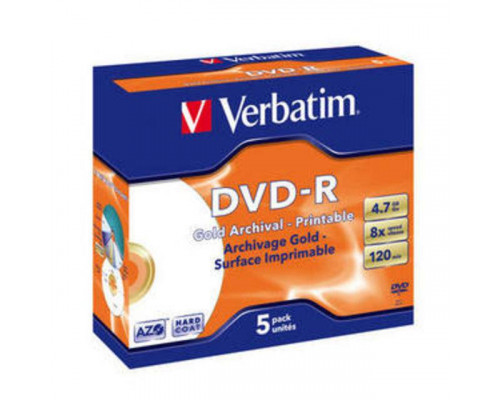 Диск DVD-R Verbatim 4.7 Gb, 8x, Jewel Case (5), Archival Gold, Printable (5/100)