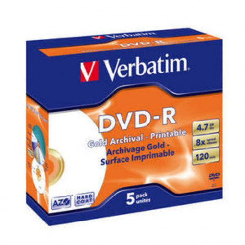 Диск DVD-R Verbatim 4.7 Gb, 8x, Jewel Case (5), Archival Gold, Printable (5/100)