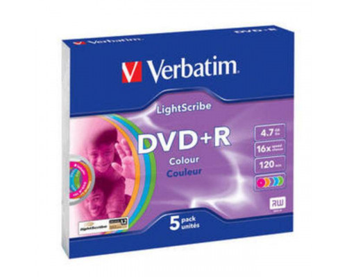Диск DVD+R Verbatim 4.7 Gb, 16x, Slim Case (5), LightScribe, Color (5/100)