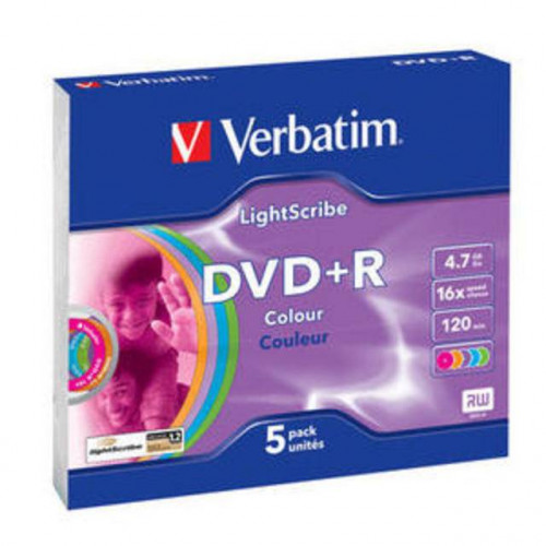 Диск DVD+R Verbatim 4.7 Gb, 16x, Slim Case (5), LightScribe, Color (5/100)