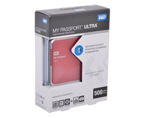 Внешний жесткий диск 500GB Western Digital Ultra My Passport, 2.5", USB 3.0, Красный